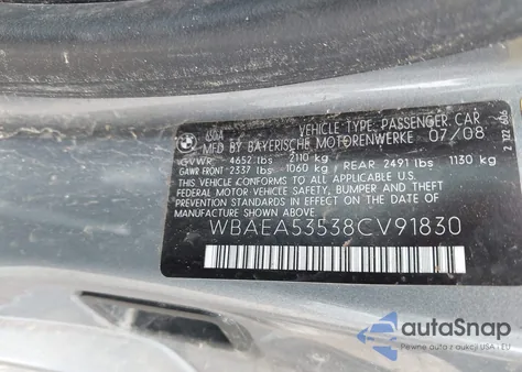 2008 BMW 650I из США, поврежденный, VIN WBAEA53538CV91830